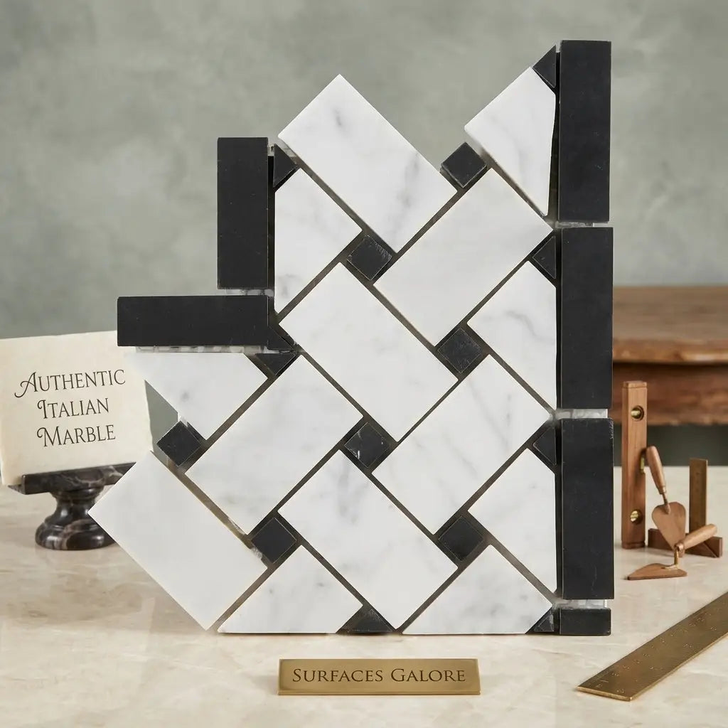 Black and white marble mosaic tile in a carrara white basketweave border corner with polished or honed finish