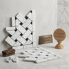 Carrara white basketweave border corner tile with polished white marble mosaic in diagonal weave with black accents