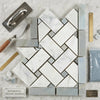 Carrara white basketweave border corner featuring polished white and gray italian marble mosaic tiles in herringbone pattern