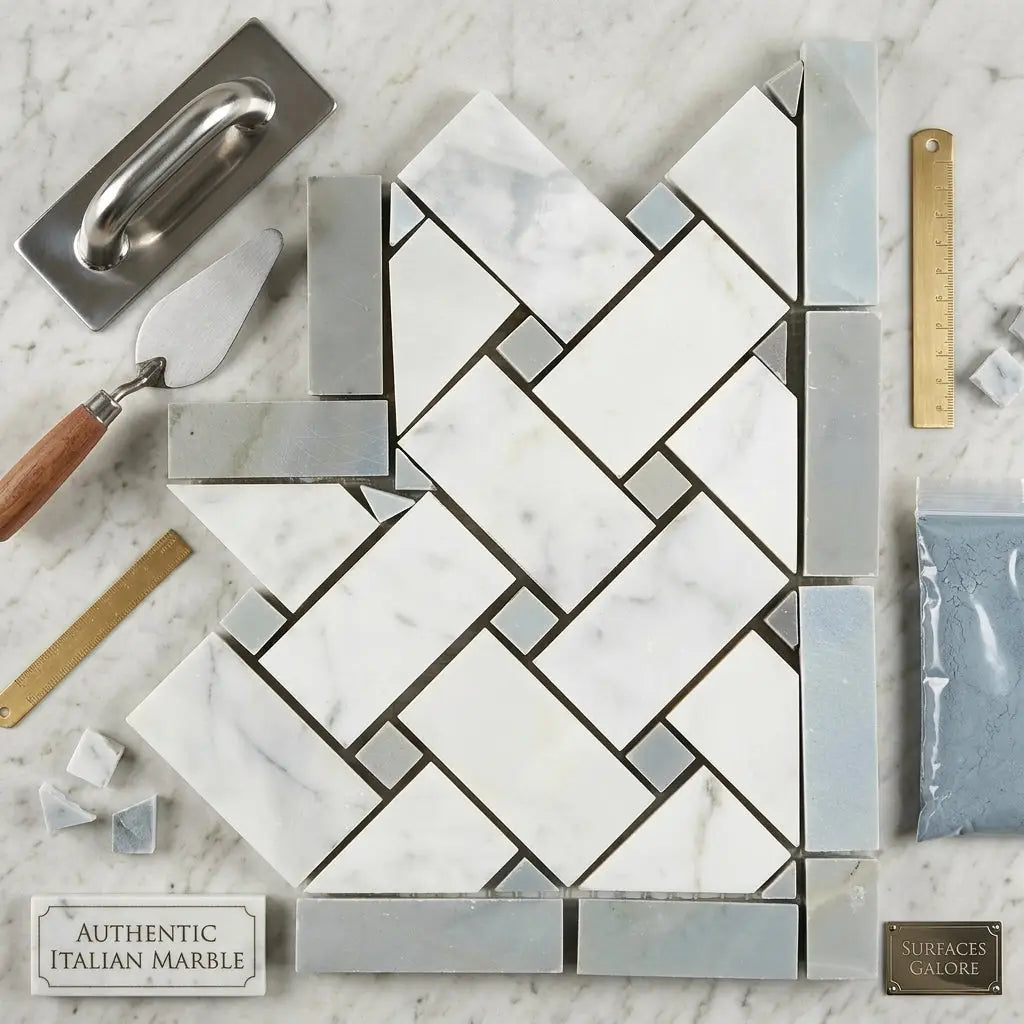 Carrara white basketweave border corner featuring polished white and gray italian marble mosaic tiles in herringbone pattern