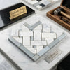 Carrara white and gray marble mosaic tile arranged in a herringbone pattern for polished or honed basketweave border corner