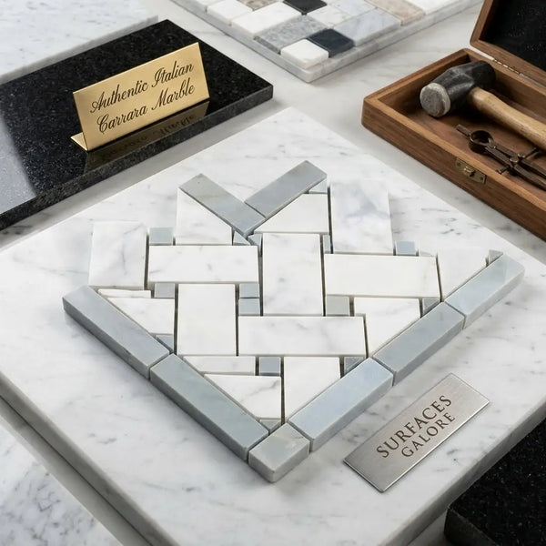Carrara white and gray marble mosaic tile arranged in a herringbone pattern for polished or honed basketweave border corner