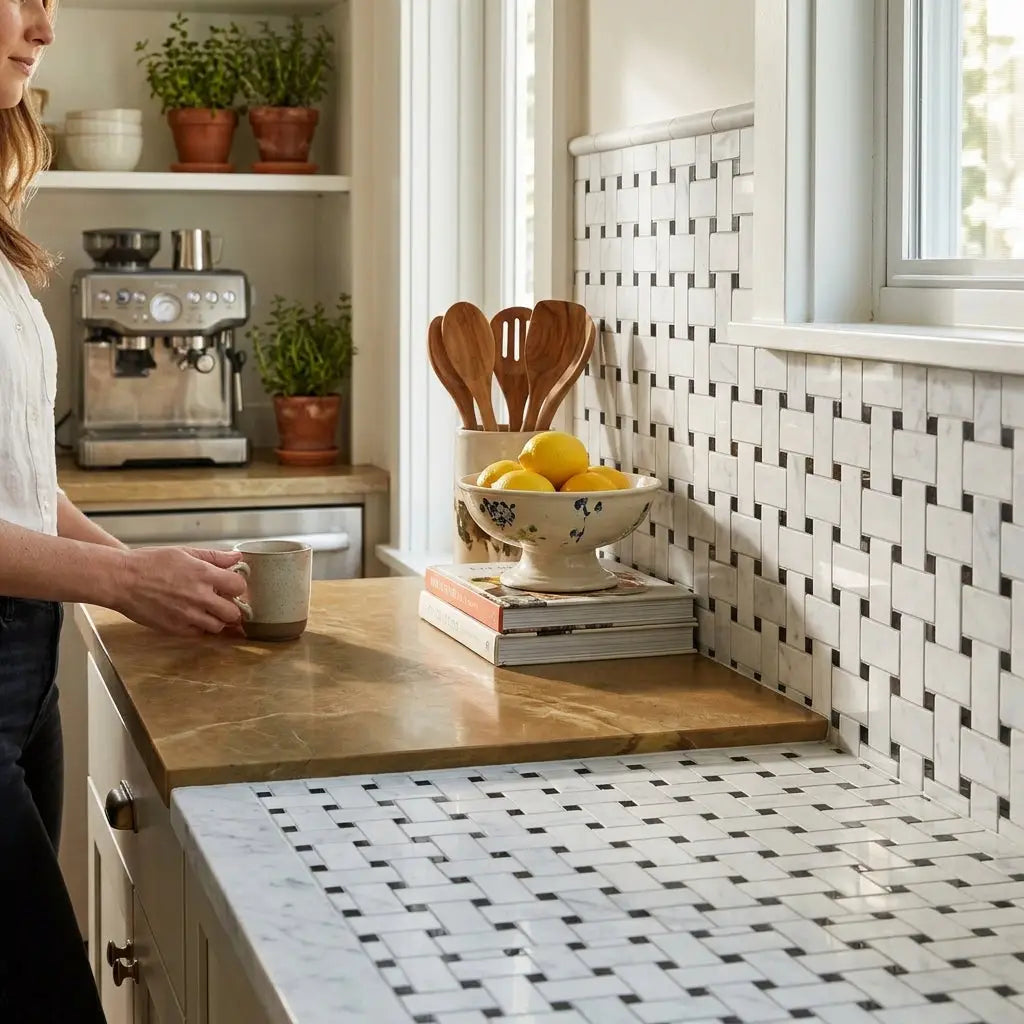 White ceramic bowl with floral pattern filled with lemons and wooden utensils on polished carrara white basketweave mosaic marble tile with black