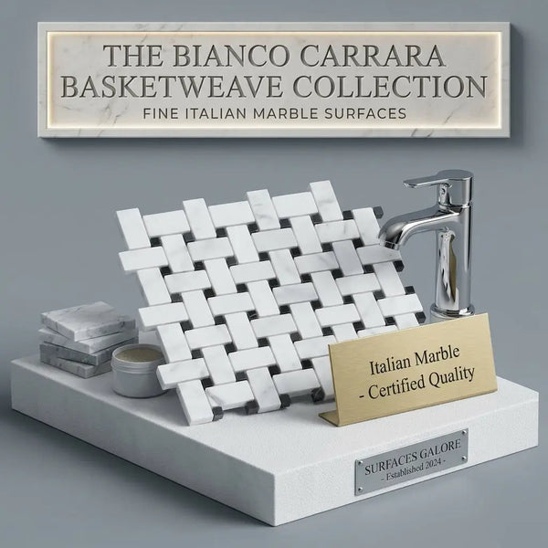 White bianco carrara marble mosaic tile with basketweave pattern and subtle gray veining polished or honed finish