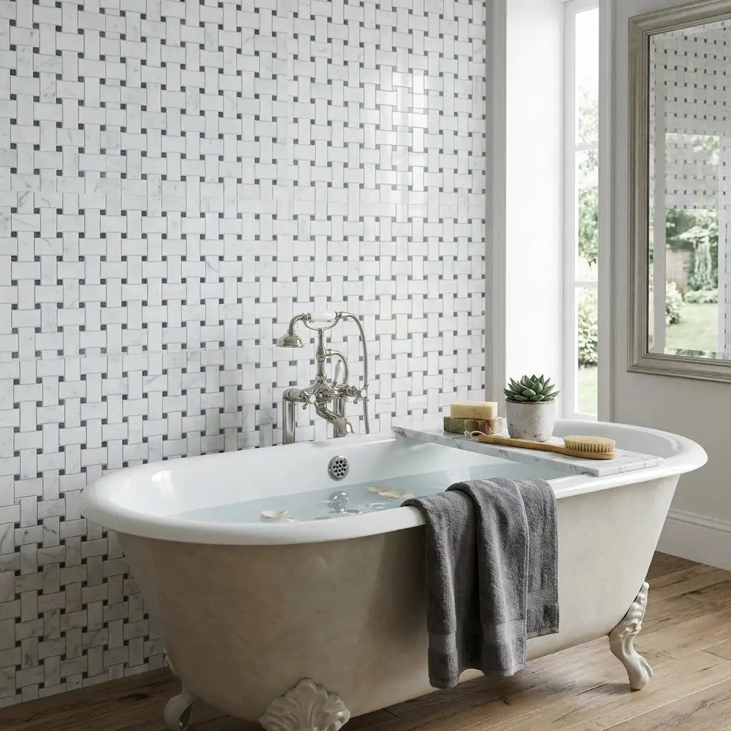 Antique cream-colored clawfoot bathtub with ornate silver faucet on carrara white basketweave mosaic marble tile