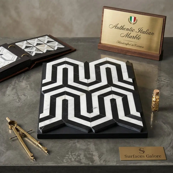 Black and white marble mosaic with geometric labyrinth design handcrafted from authentic italian carrara marble