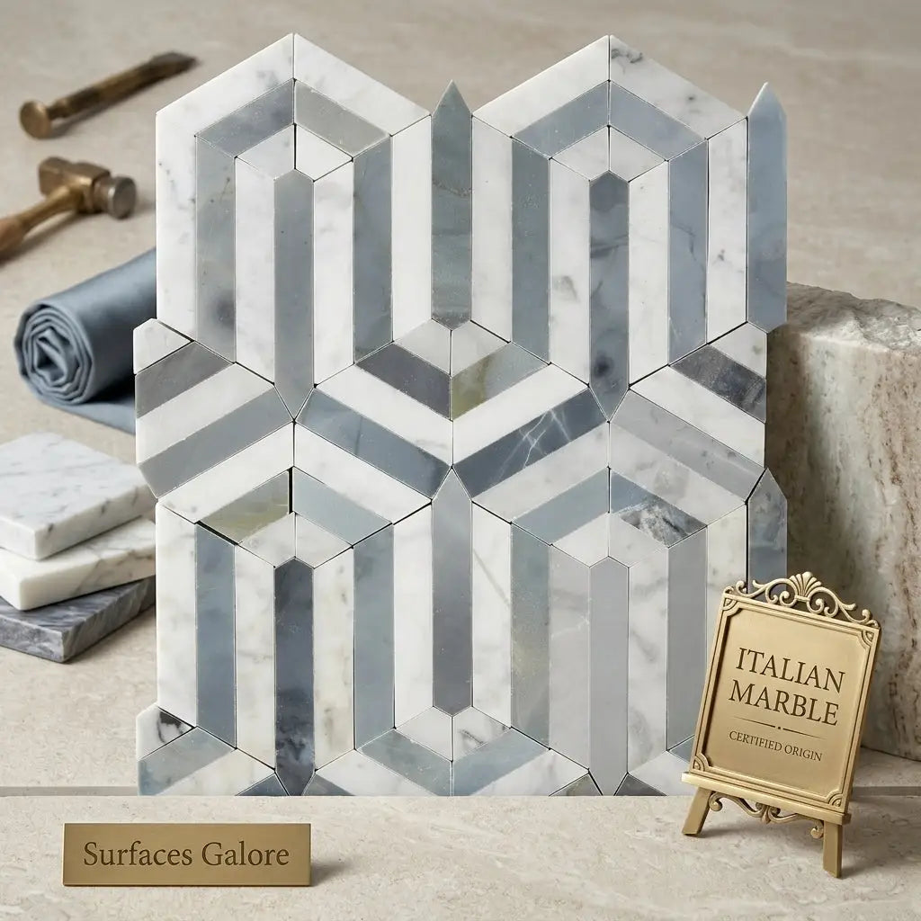 Geometric hexagonal mosaic tile panel crafted from italian carrara white marble with white gray and silver veining pattern