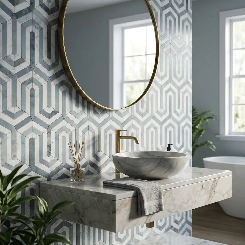 Marble bowl sink with gold faucet and matching floating vanity in carrara white berlinatta design mosaic polished finish