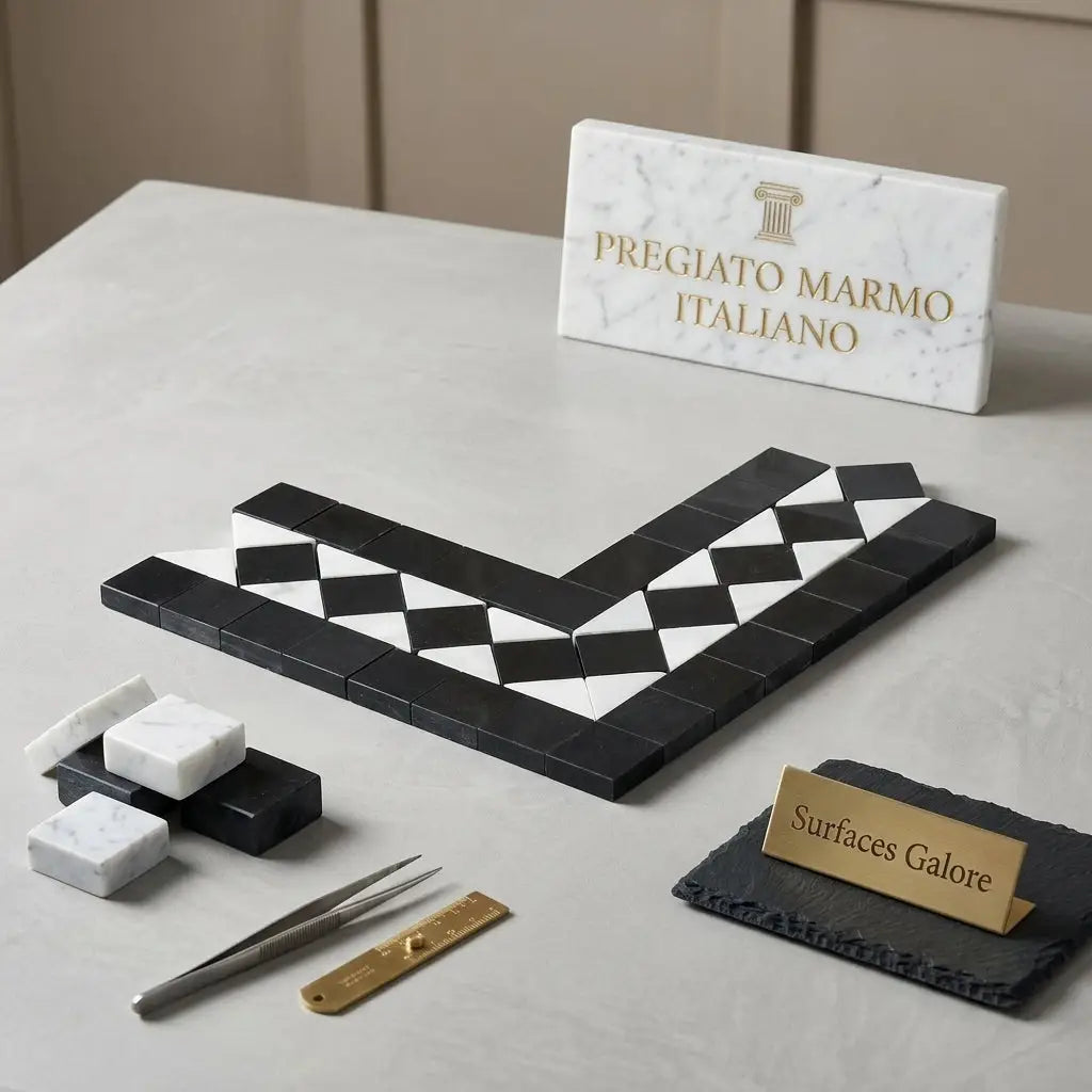 Carrara white bias border corner marble tile with black diamond pattern polished or honed finish