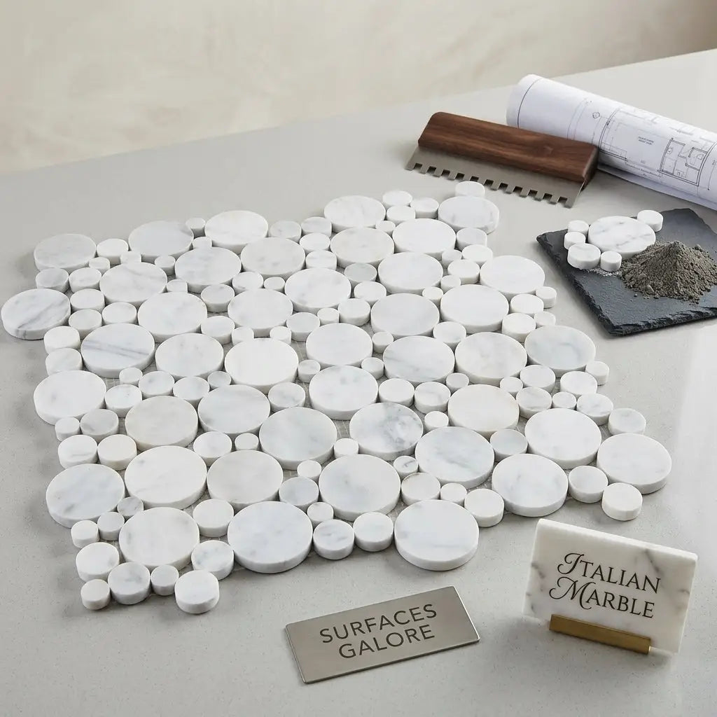 Carrara White Bubbles mosaic marble tile polished with white circular pieces and subtle gray veining in random pattern