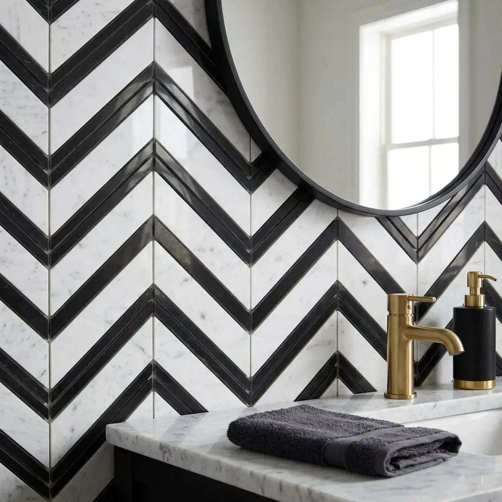 Carrara white chevron large mosaic marble tile polished black and white marble chevron patterned wall tile