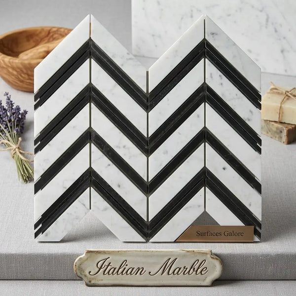 Black and white italian marble mosaic tile with chevron pattern in polished or honed carrara white chevron large design