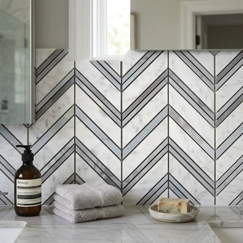 White marble chevron tile backsplash with black grout lines carrara white chevron mosaic marble polished tile