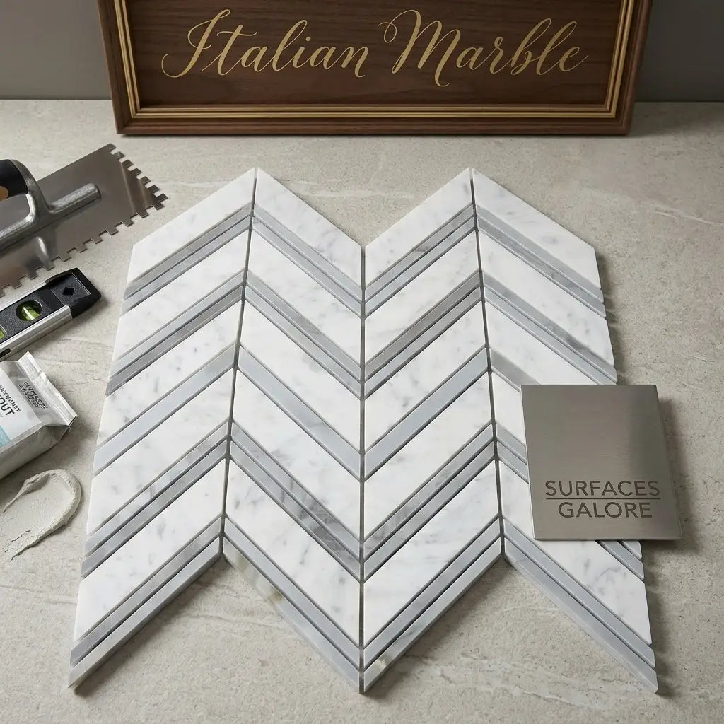 Carrara white chevron large mosaic marble tile featuring white gray and blue-gray italian marble in polished or honed finish