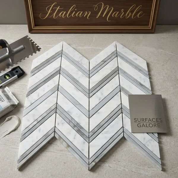 Carrara white chevron large mosaic marble tile featuring white gray and blue-gray italian marble in polished or honed finish