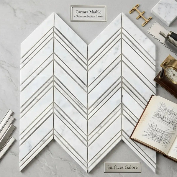 Carrara white chevron large mosaic marble tile polished with white carrara and silver metallic grout lines pattern