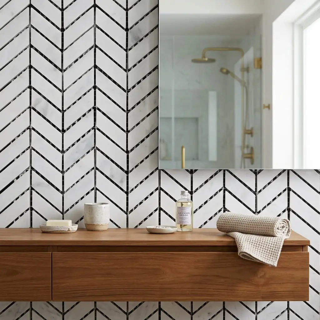 Carrara White Chevron mini mosaic marble tile in white and black herringbone pattern for polished or honed bathroom use