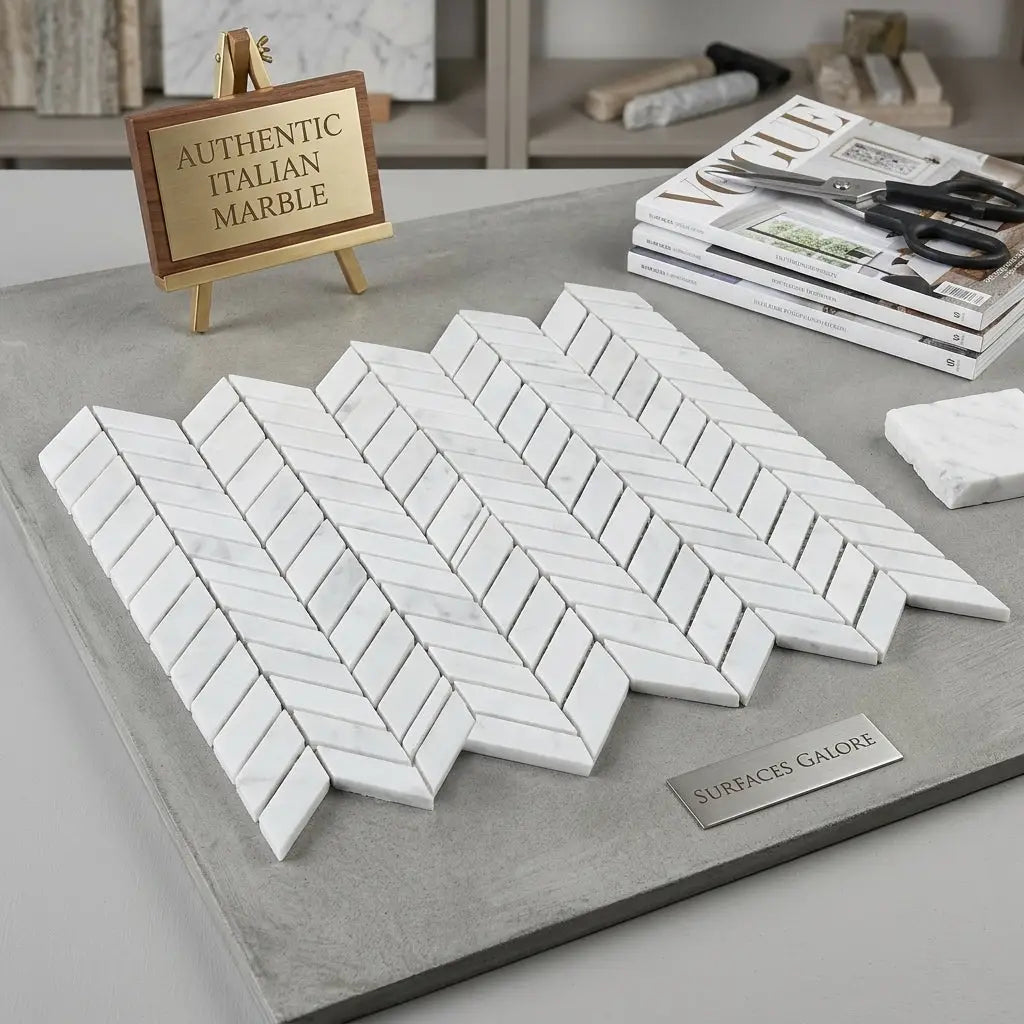 White italian marble mosaic tiles arranged in a polished herringbone pattern carrara white chevron mini tile