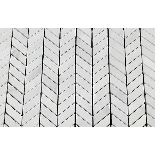 Carrara White Chevron MINI Mosaic Marble Tile in polished and honed white marble herringbone