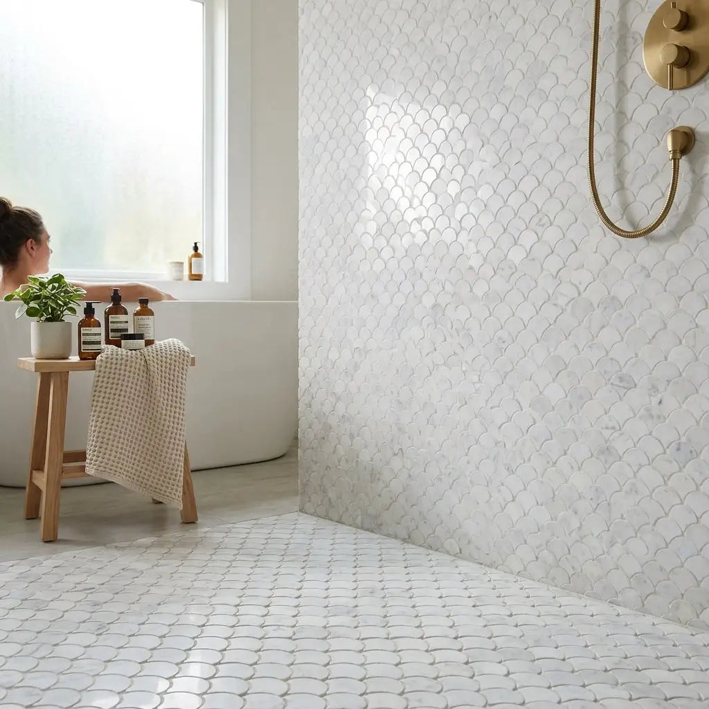 White marble-effect carrara white fan raindrop mosaic marble tiles polished covering shower wall and floor