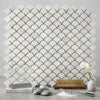 White marble mosaic tile in carrara white fan raindrop design with scalloped fish scale pattern polished or honed finish