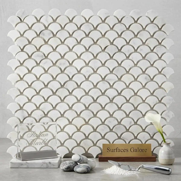 White marble mosaic tile in carrara white fan raindrop design with scalloped fish scale pattern polished or honed finish