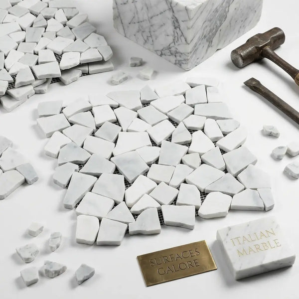 White italian marble carrara white flat pebble random broken mosaic tile with natural veining on mesh backing