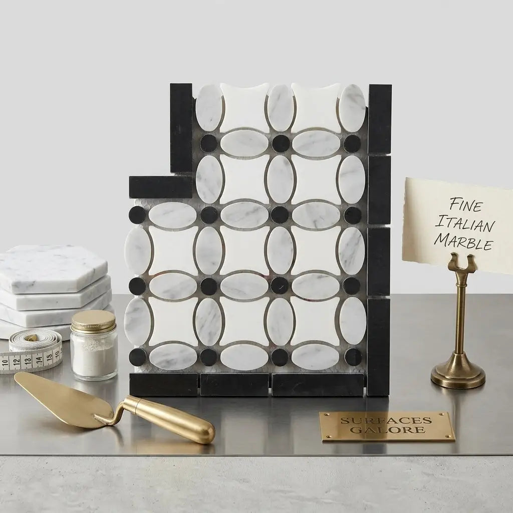 Black and white marble mosaic tile panel with geometric pattern carrara white florida flower border corner polished