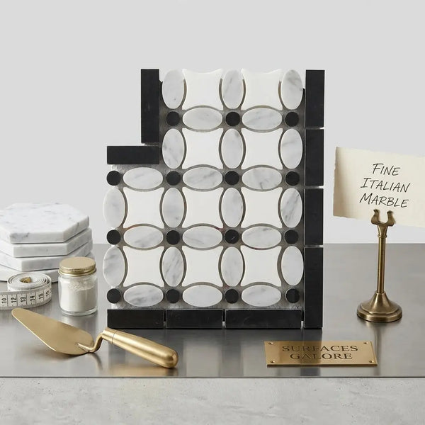 Black and white marble mosaic tile panel with geometric pattern carrara white florida flower border corner polished