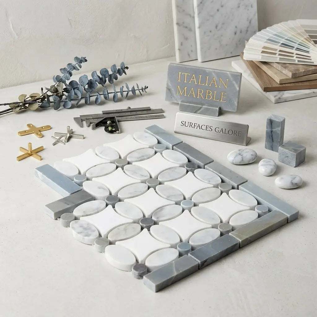 White and gray italian marble mosaic tile with geometric pattern carrara white florida flower border corner polished or honed