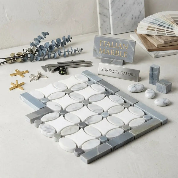White and gray italian marble mosaic tile with geometric pattern carrara white florida flower border corner polished or honed