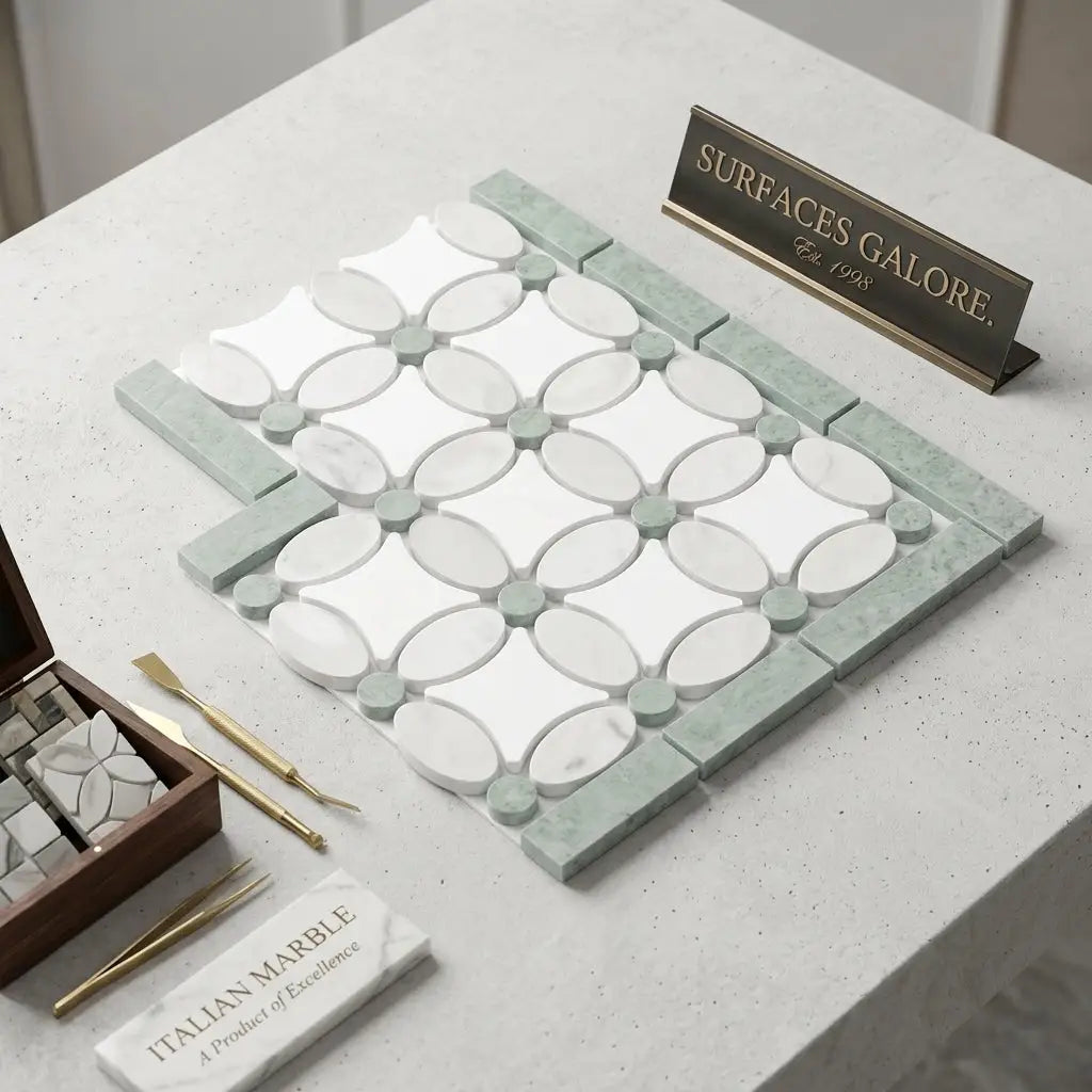 A white and light green marble mosaic tile set with geometric floral pattern carrara white florida flower border corner Ming Green polished or honed