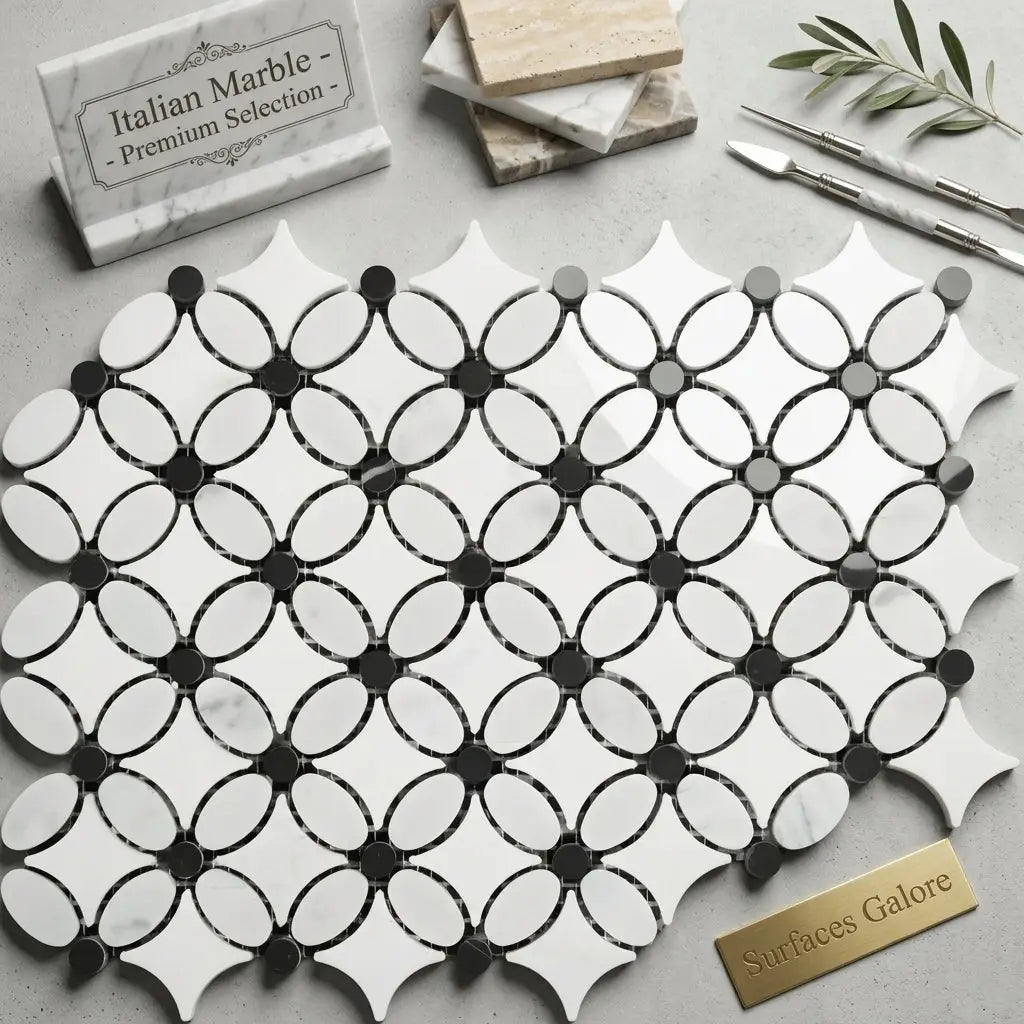 Carrara white florida flower oval mosaic marble tile in polished black and white with interlocking glossy finish