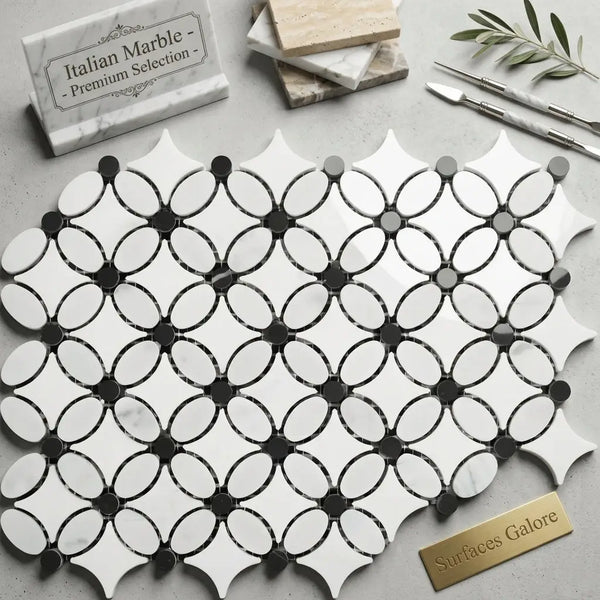 Carrara white florida flower oval mosaic marble tile in polished black and white with interlocking glossy finish