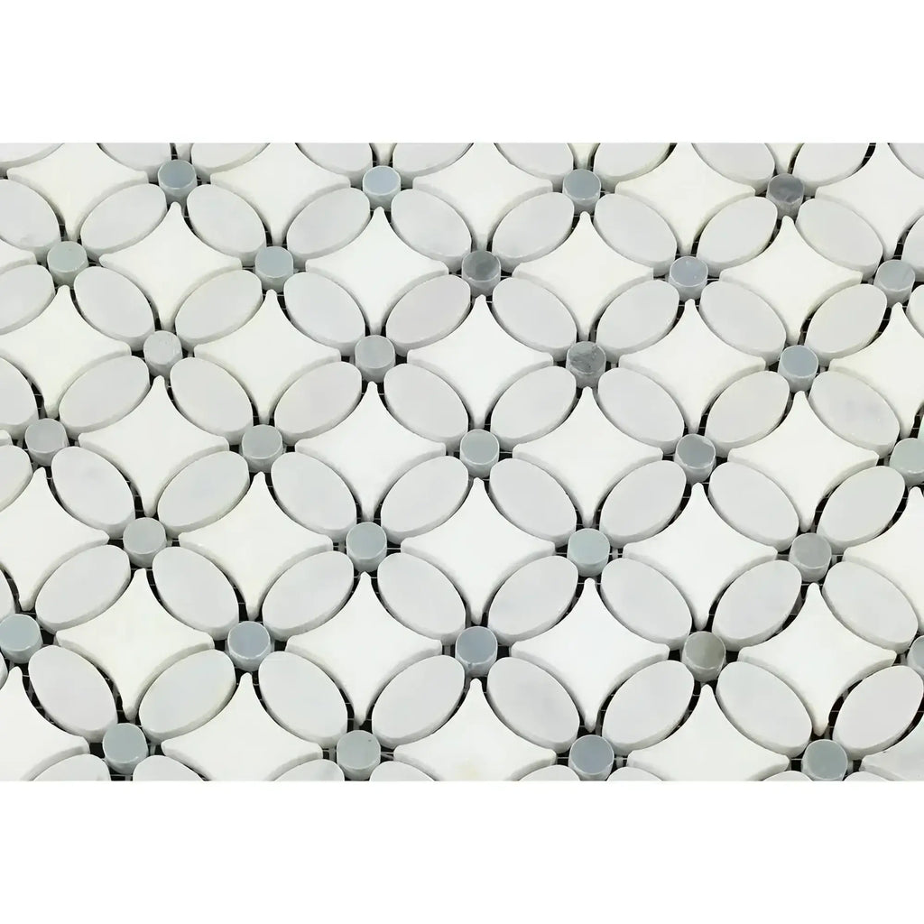 Interlocking white and gray mosaic tile pattern in Carrara White Florida Flower Mosaic