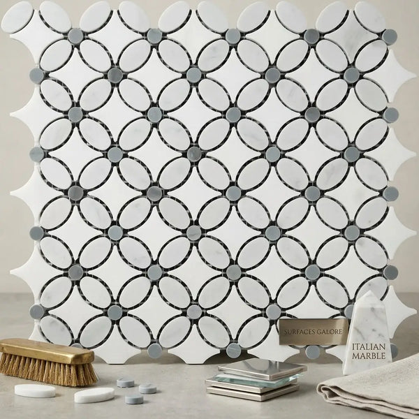 Carrara White Florida Flower mosaic marble tile features a polished white and black marble floral pattern with Blue-Gray dots