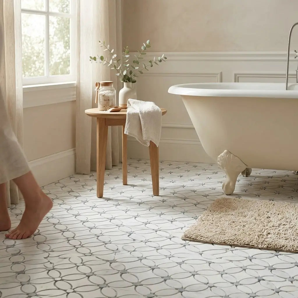 Cream-colored clawfoot bathtub with polished chrome faucet beside carrara white florida flower mosaic marble tile panel