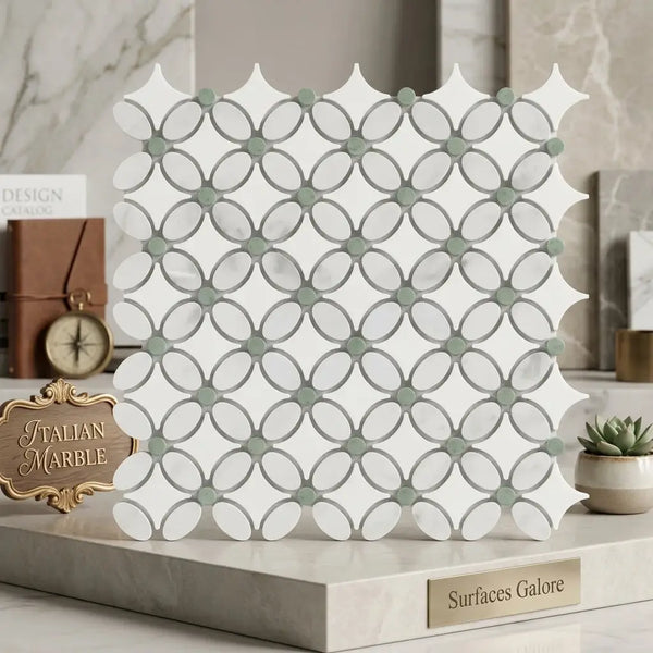 Carrara white florida flower mosaic polished marble tile featuring white and sage green italian oval pattern