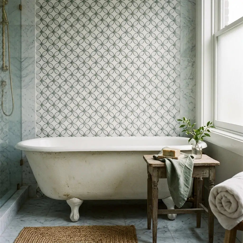 White clawfoot bathtub with subtle wear and vintage design next to polished Carrara white florida flower mosaic marble tile