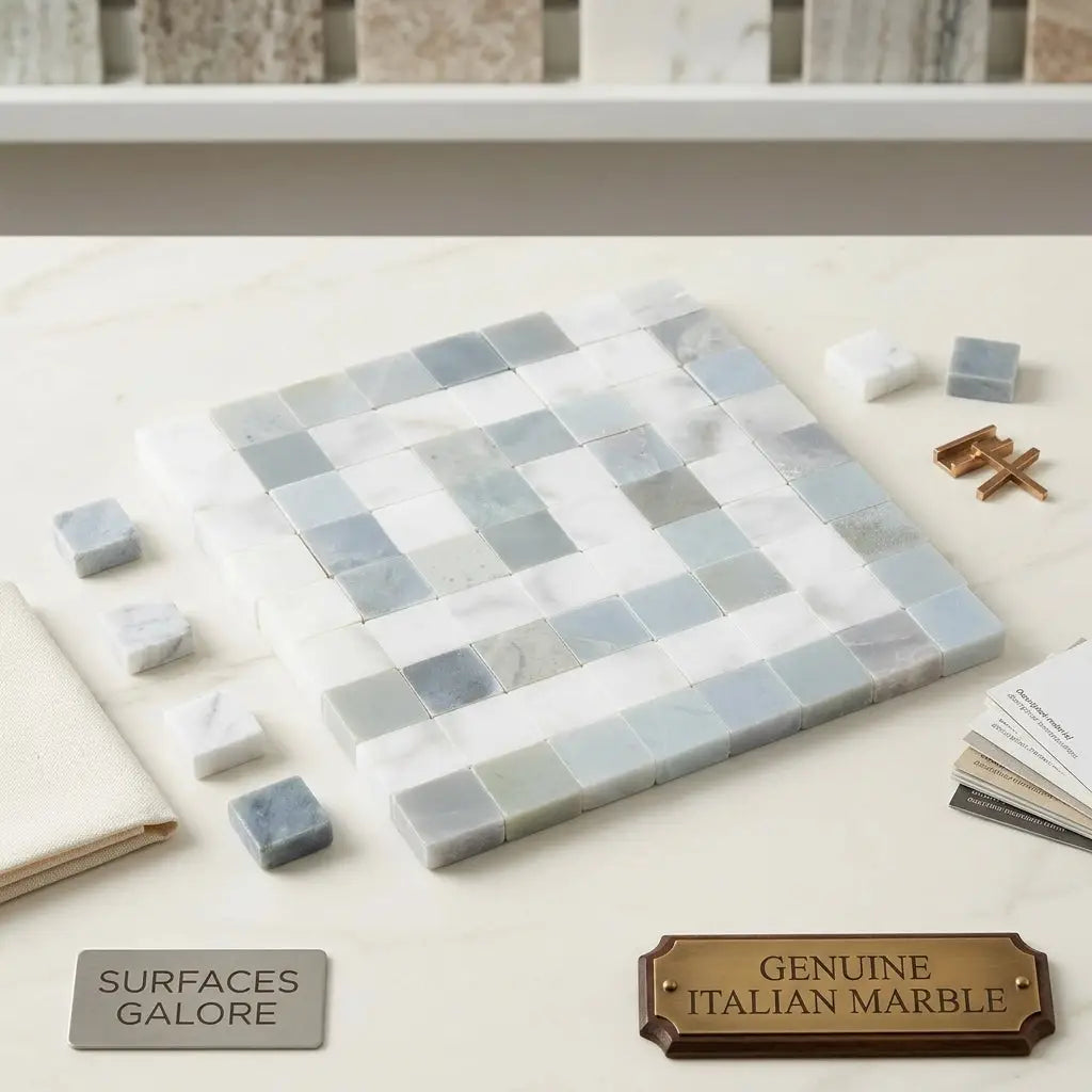 A carrara white greek key border corner mosaic tile panel with polished marble squares in light blue and white