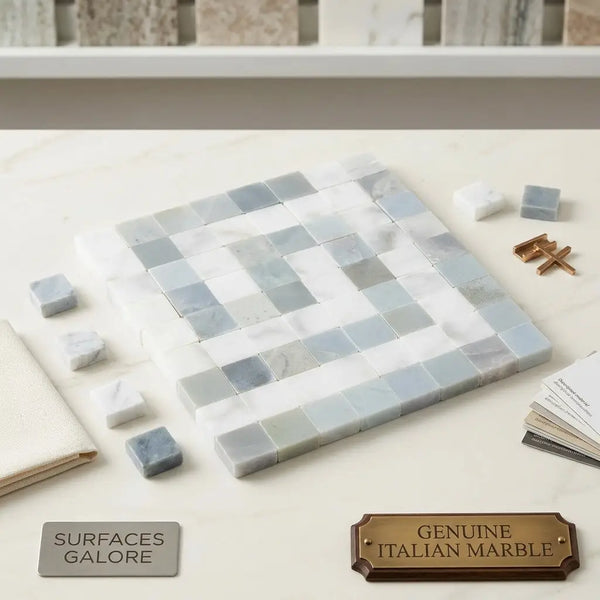 A carrara white greek key border corner mosaic tile panel with polished marble squares in light blue and white