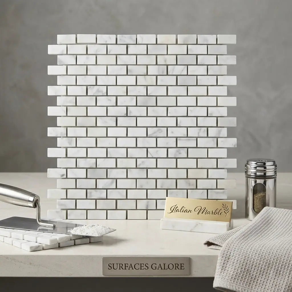 Carrara white herringbone mini marble tile mosaic in polished or honed finish with white italian marble and gray veining