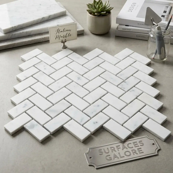 Carrara white herringbone mosaic 1x2 brick marble tile polished or honed with white Italian marble tiles arranged in herringbone pattern