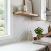 A small potted basil plant in a matte gray ceramic pot beside carrara white herringbone mosaic marble tile polished or honed