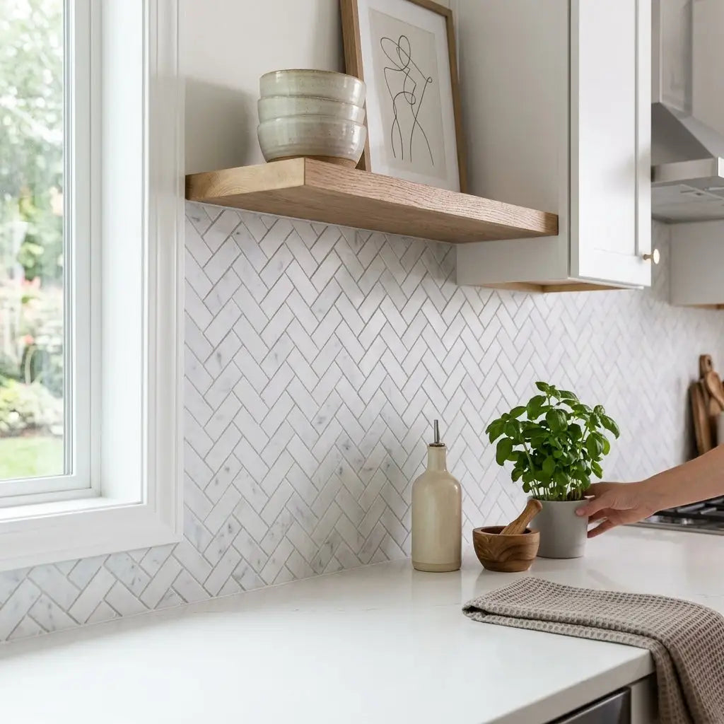 A small potted basil plant in a matte gray ceramic pot beside carrara white herringbone mosaic marble tile polished or honed