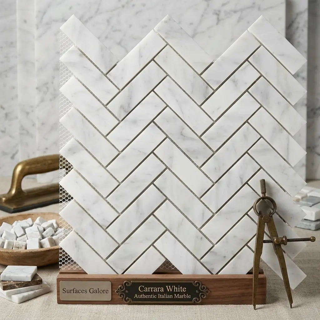 Carrara white herringbone mosaic tile in polished or honed white carrara marble displayed on a wooden stand