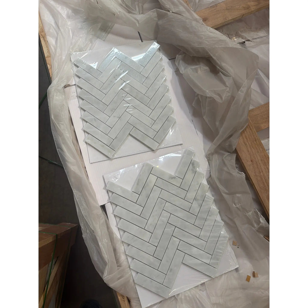 Carrara White 1x4 herringbone marble mosaic tile polished finish