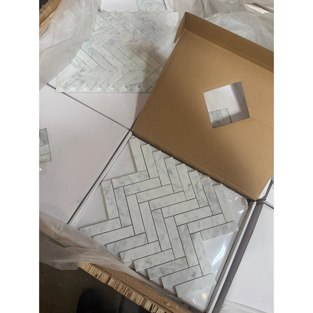 Carrara white herringbone mosaic 1x4 brick marble tile polished
