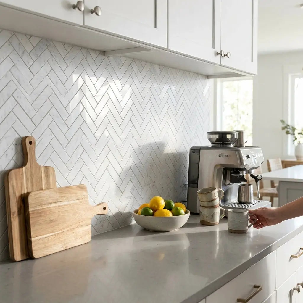 Silver espresso machine with matte finish and visible brand logo on front panel next to carrara white herringbone mosaic marble tile