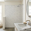 White marble-patterned carrara white lantern 3 inch arabesque mosaic tile with quatrefoil design for shower walls